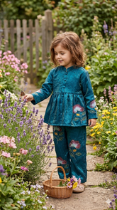 Regal Teal Metallic Fendy Satin Peplum Jacket Set with Hand-Crafted Floral Detail