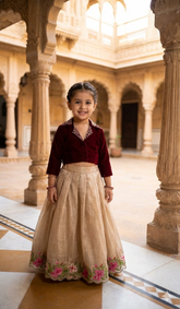 Girls Ethnic Wear - Maroon Velvet Pearl Work Choli with Gold Crush Lehenga & Floral Border