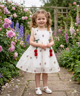 Premium White Chanderi Silk Floral Embroidered Girls Frock with Ruffle Sleeves