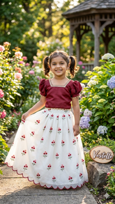 Floral Pattu Pavadai Set – Maroon Puff Sleeve Choli & White Lehenga