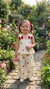 Little Hearts Co-ord Set | Off-White & Red Heart Print Peplum Top with Elastic Pants