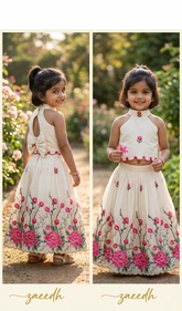 Girls Embroidered Ghagra Choli Set with Scalloped Border