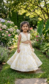 Girls White & Gold Geometric Print Lehenga Choli Set with Sequin Border