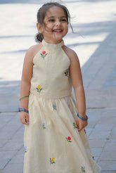 Girls Cream Cotton Silk Halter Neck Top with Lehengha Set