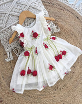 Elegant Rose Embroidered Mul Cotton Frock with Tulip Tassels