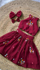 Maroon Floral Embroidered Crop Top & Pleated Skirt Set