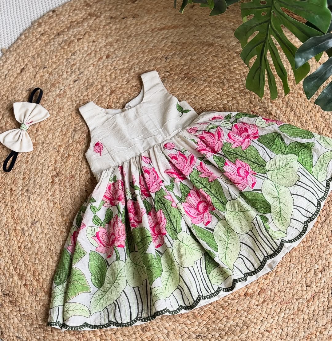 Designer Pure Cotton Kids Frock with Lotus Embroidery