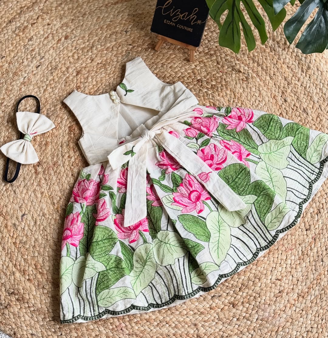 Designer Pure Cotton Kids Frock with Lotus Embroidery