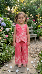 Pure Khadi Cotton Printed Vest Top and Palazzo Set with Matching Bow - Pink