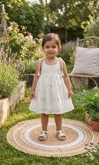 Hand-Embroidered Cotton Linen Baby Dress – White Floral Halter Sun Dress with Tie Shoulders