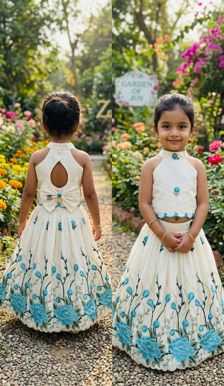 Girls Embroidered Ghagra Choli Set with Scalloped Border