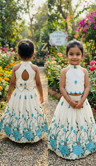 Girls Embroidered Ghagra Choli Set with Scalloped Border