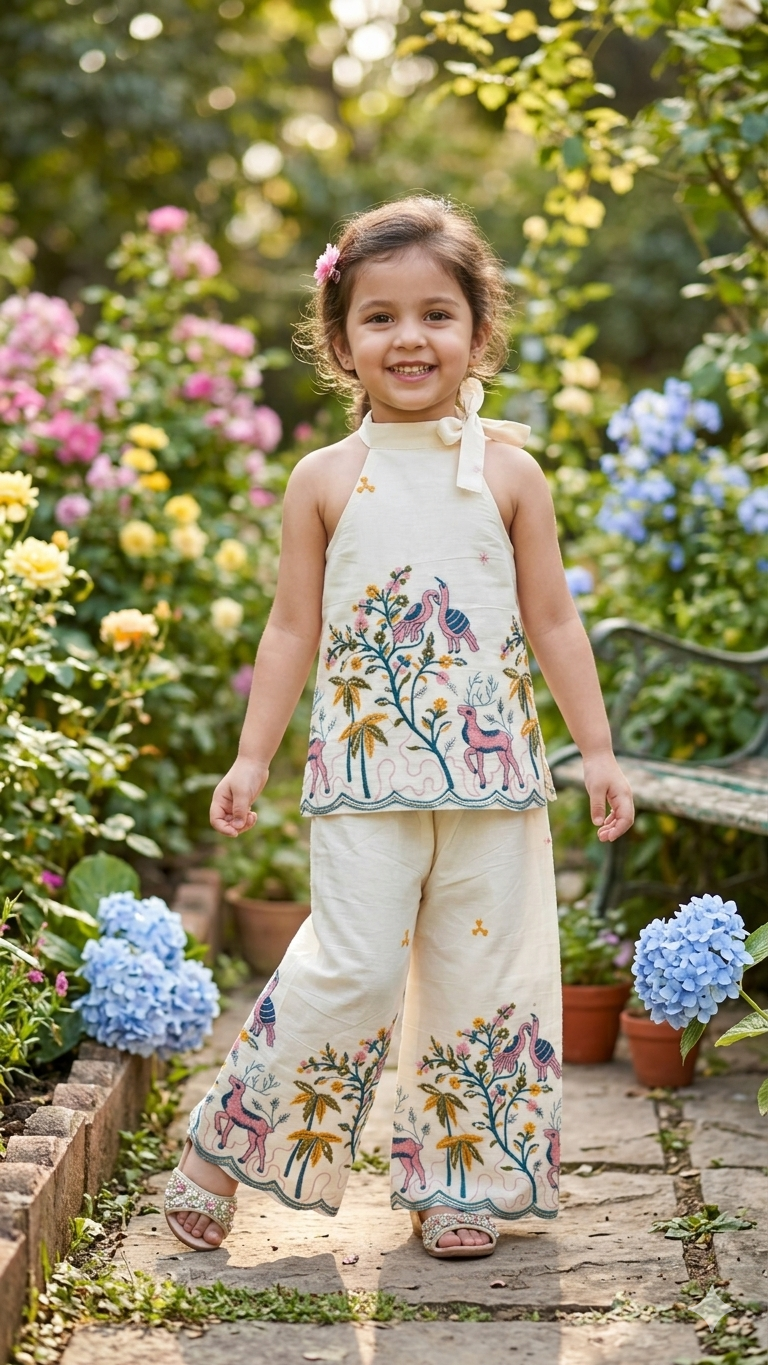 Girls Khadi Cotton Halter Neck Top and Palazzo Co-ord Set with Pichwai Embroidery