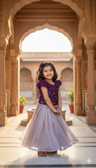 Festive Radiance: Girls' Purple Velvet Floral Sequinned Top & Lavender Twill Net Lehenga Set