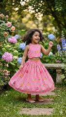 Girls Gingham Check Crop Top with Floral Printed Skirt Set