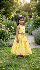 Girls Gingham Check Crop Top with Floral Printed Skirt Set