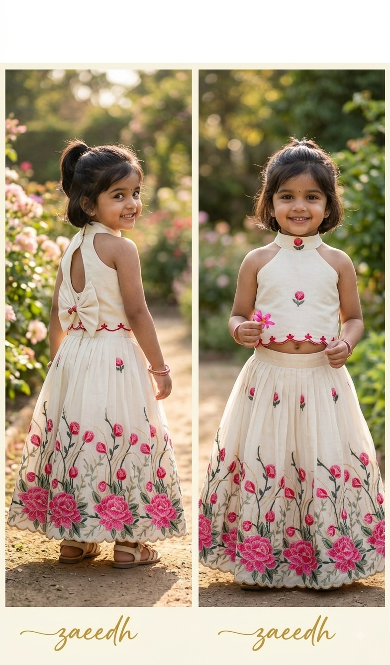 Girls Embroidered Ghagra Choli Set with Scalloped Border