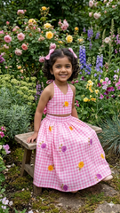 Girls Gingham Check Crop Top with Floral Printed Skirt Set