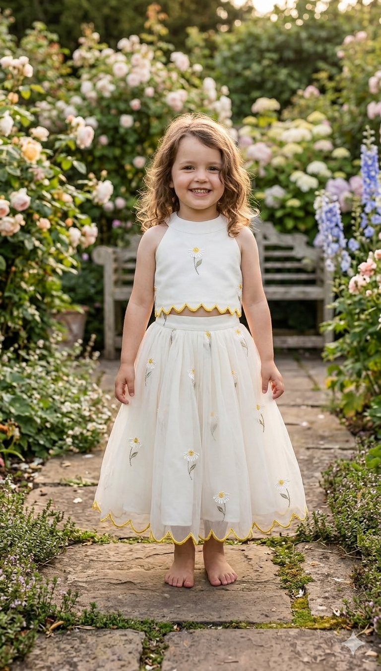 Girls Off-White Daisy Embroidered Halter Neck Crop Top & Skirt Set