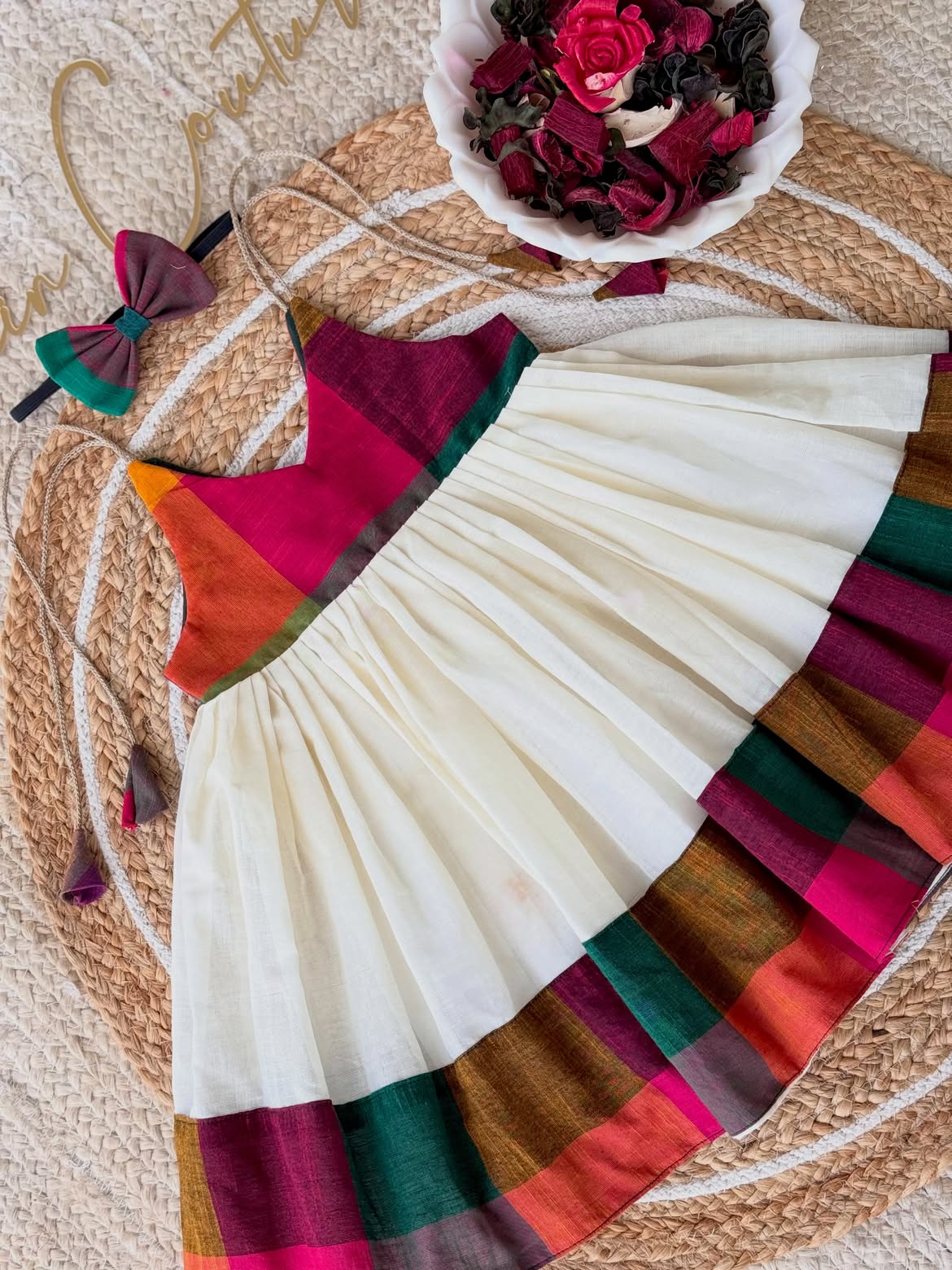 Madras Check Off-White Pleated Frock with Matching Hairband