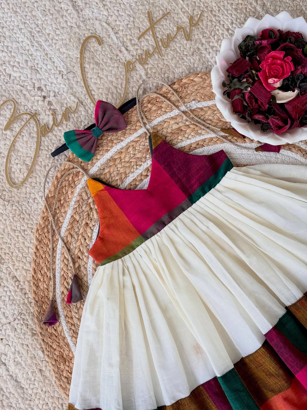 Madras Check Off-White Pleated Frock with Matching Hairband