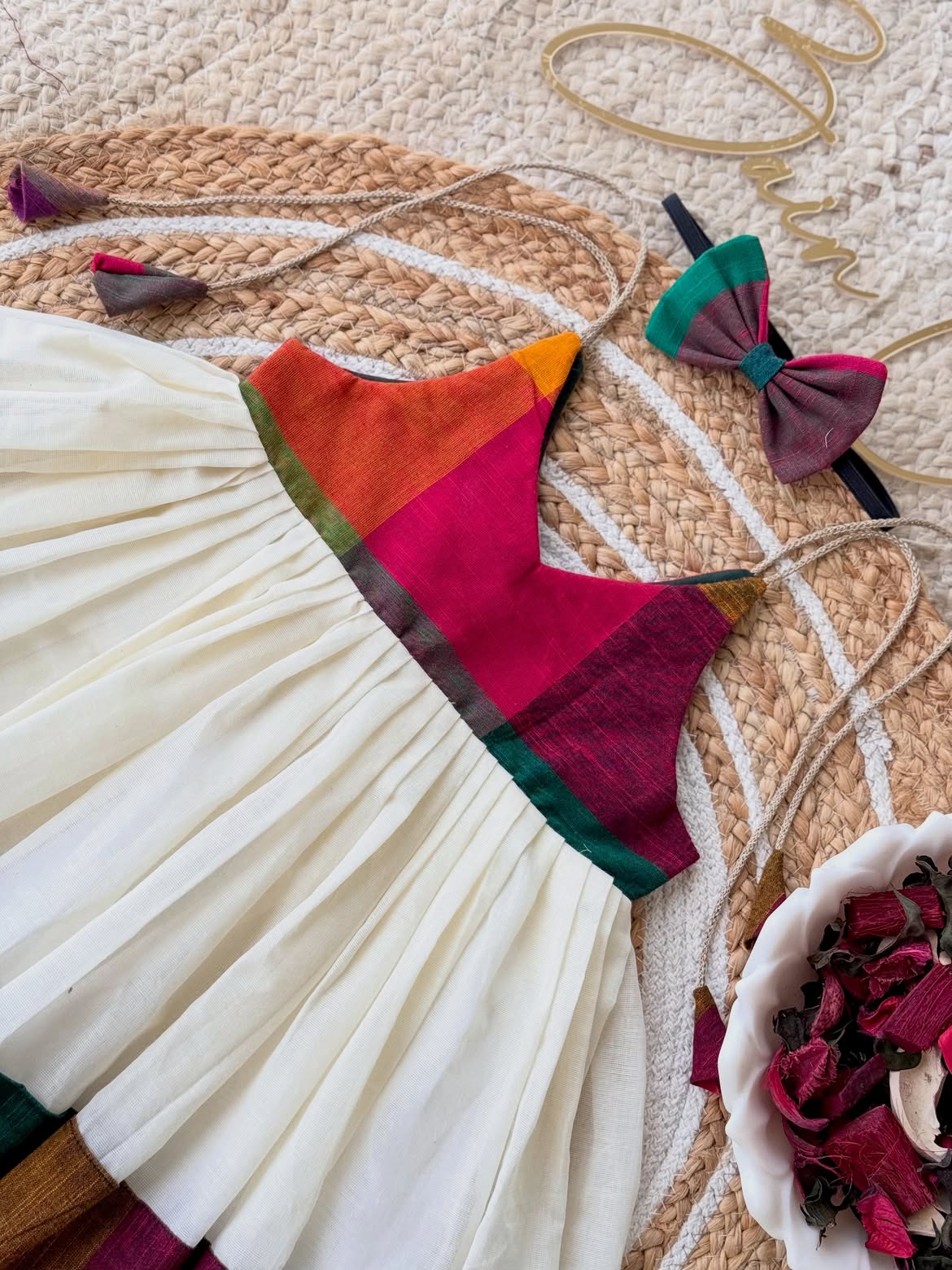 Madras Check Off-White Pleated Frock with Matching Hairband