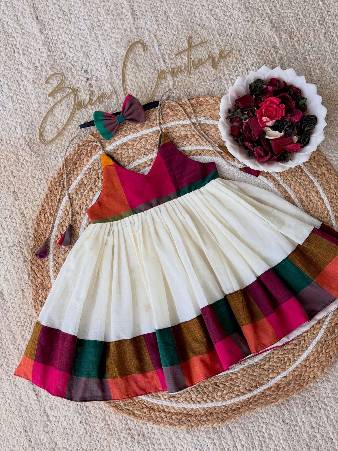 Madras Check Off-White Pleated Frock with Matching Hairband