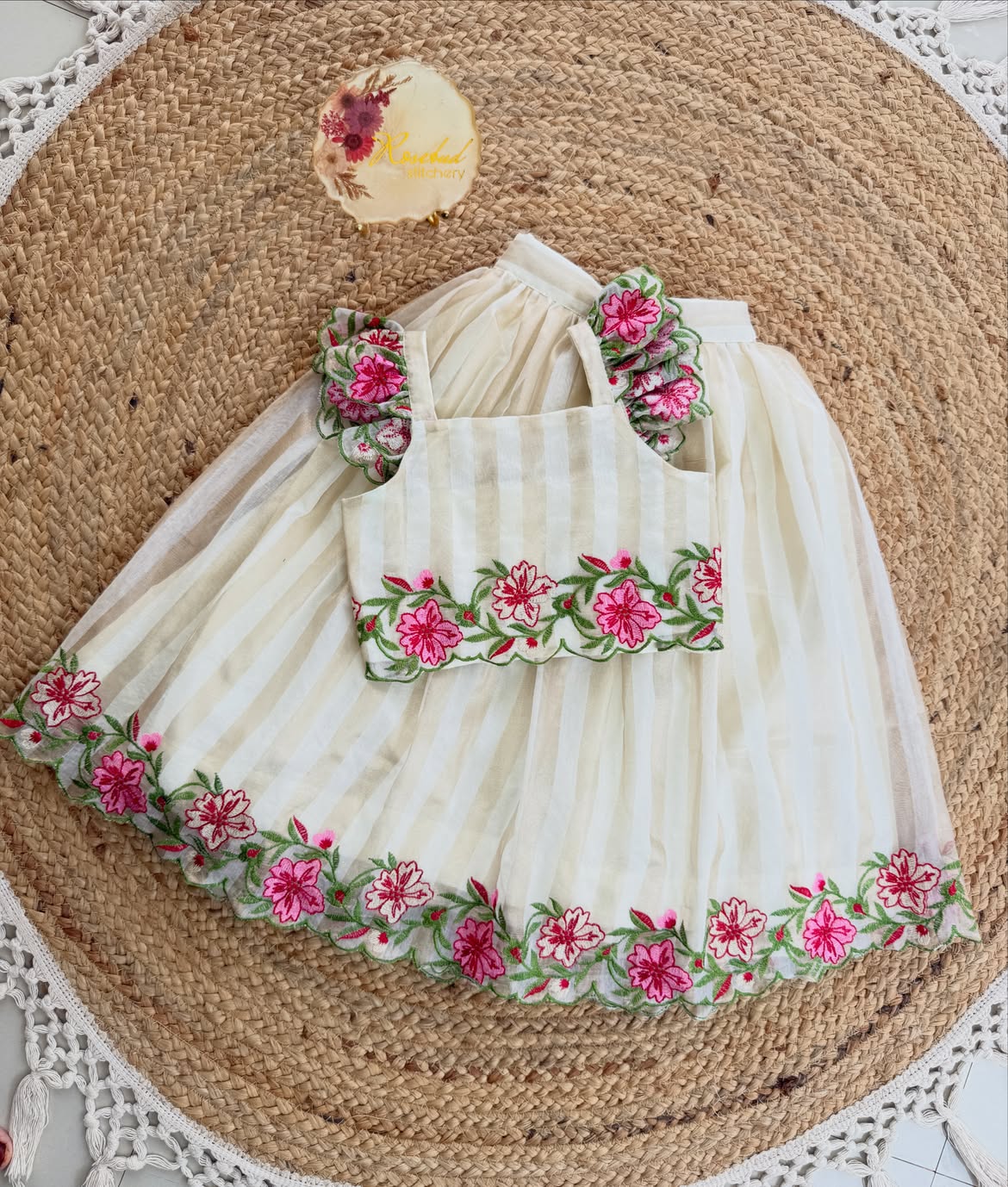 Tissue Zari Striped Lehengha Choli Set | Onam Special Cutwork Festive Ethnic Wear
