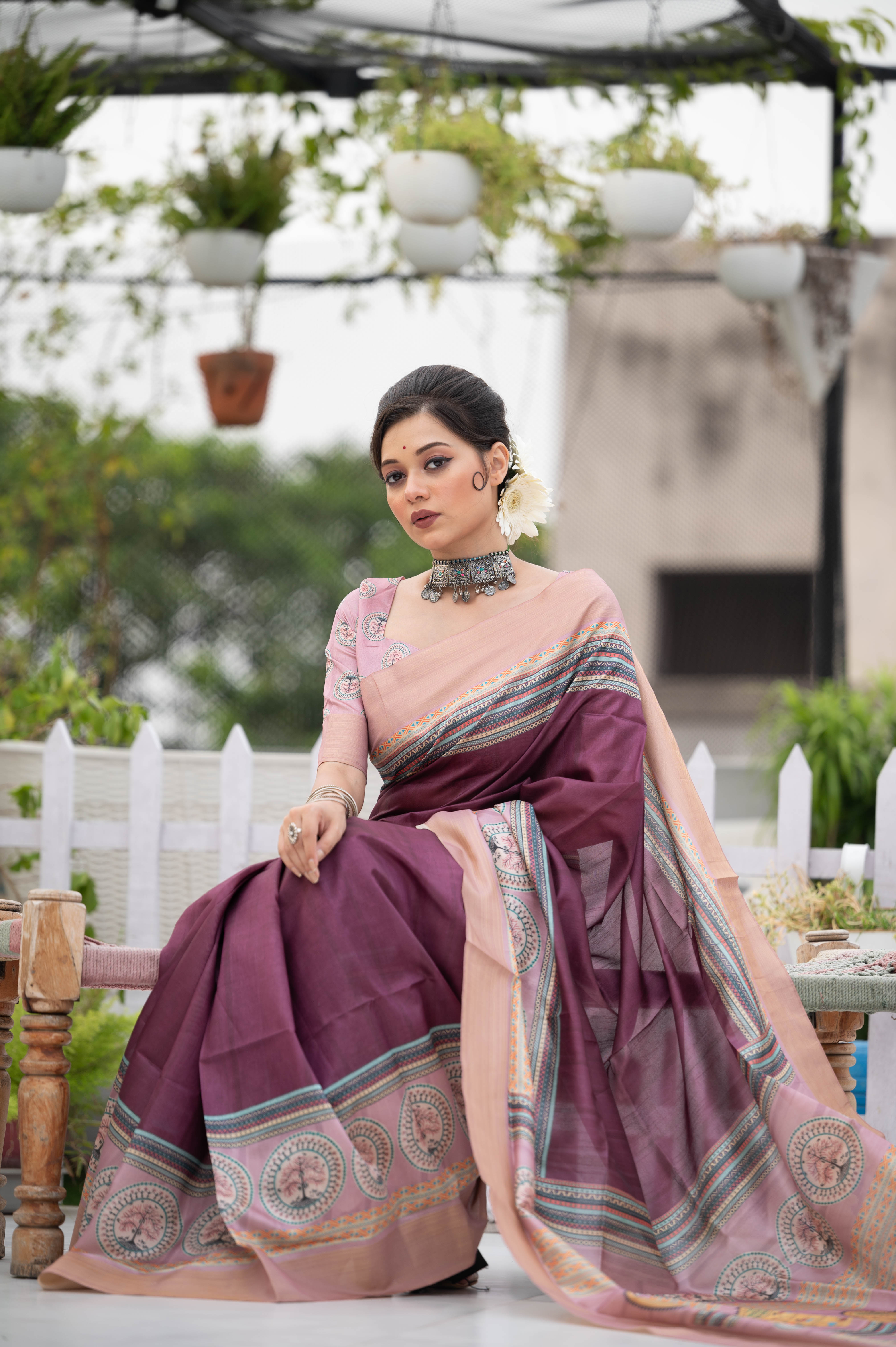 Pink Coloured Digital Printed Silk Saree With Zari Worked Motifs