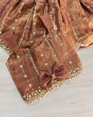 Designer Girls Metallic Rust Silk Lehenga Choli with Bow Accent & Pearl Lace Details