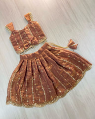 Designer Girls Metallic Rust Silk Lehenga Choli with Bow Accent & Pearl Lace Details