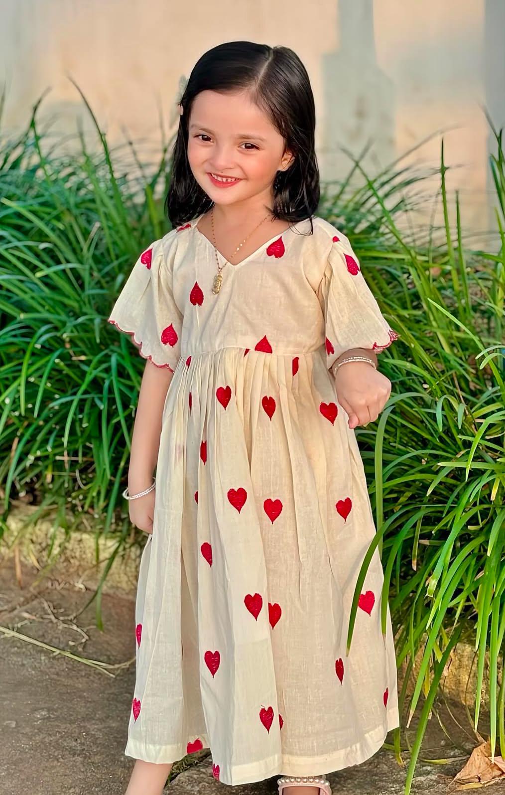 Luxury Khadi Cotton Heart Embroidery Fancy Border Kids Frock