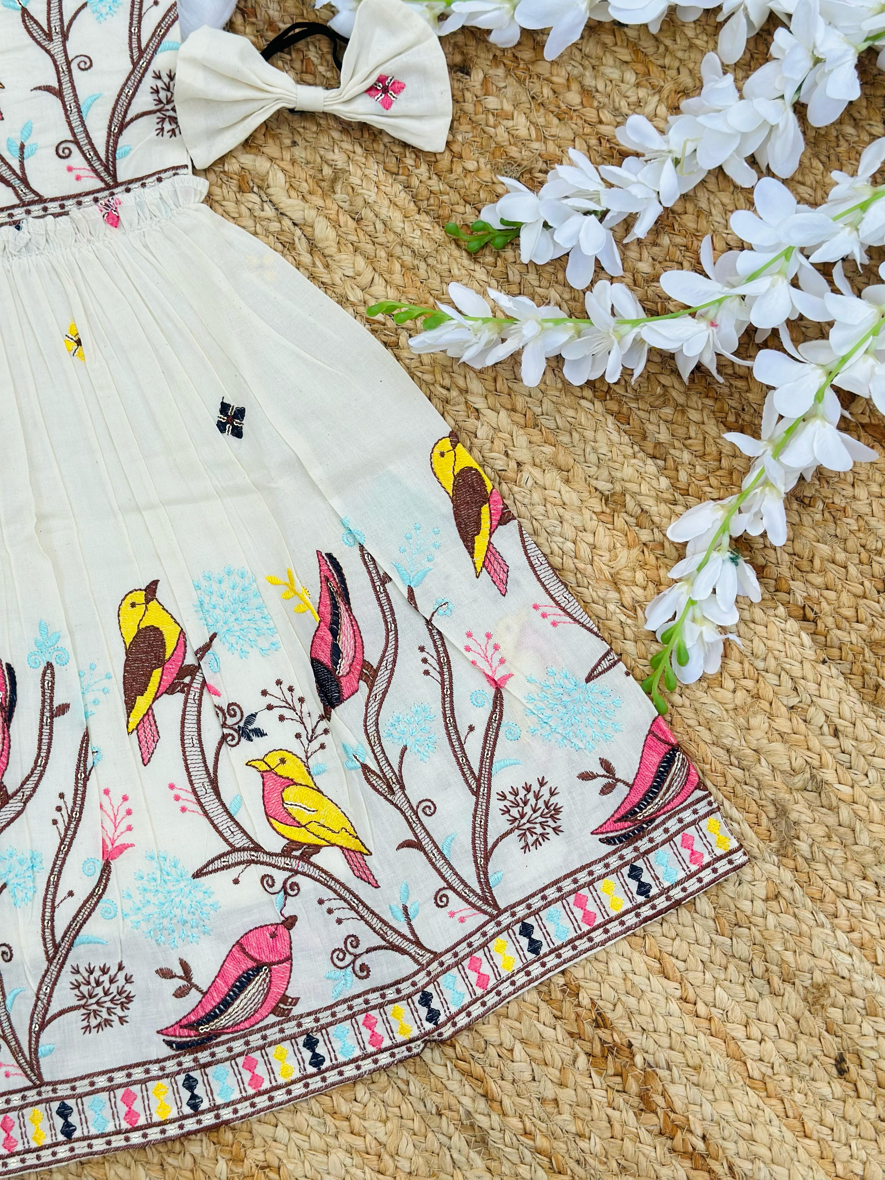 Blossom Embroidery Work on Khadi Cotton Fabric Kids Frock
