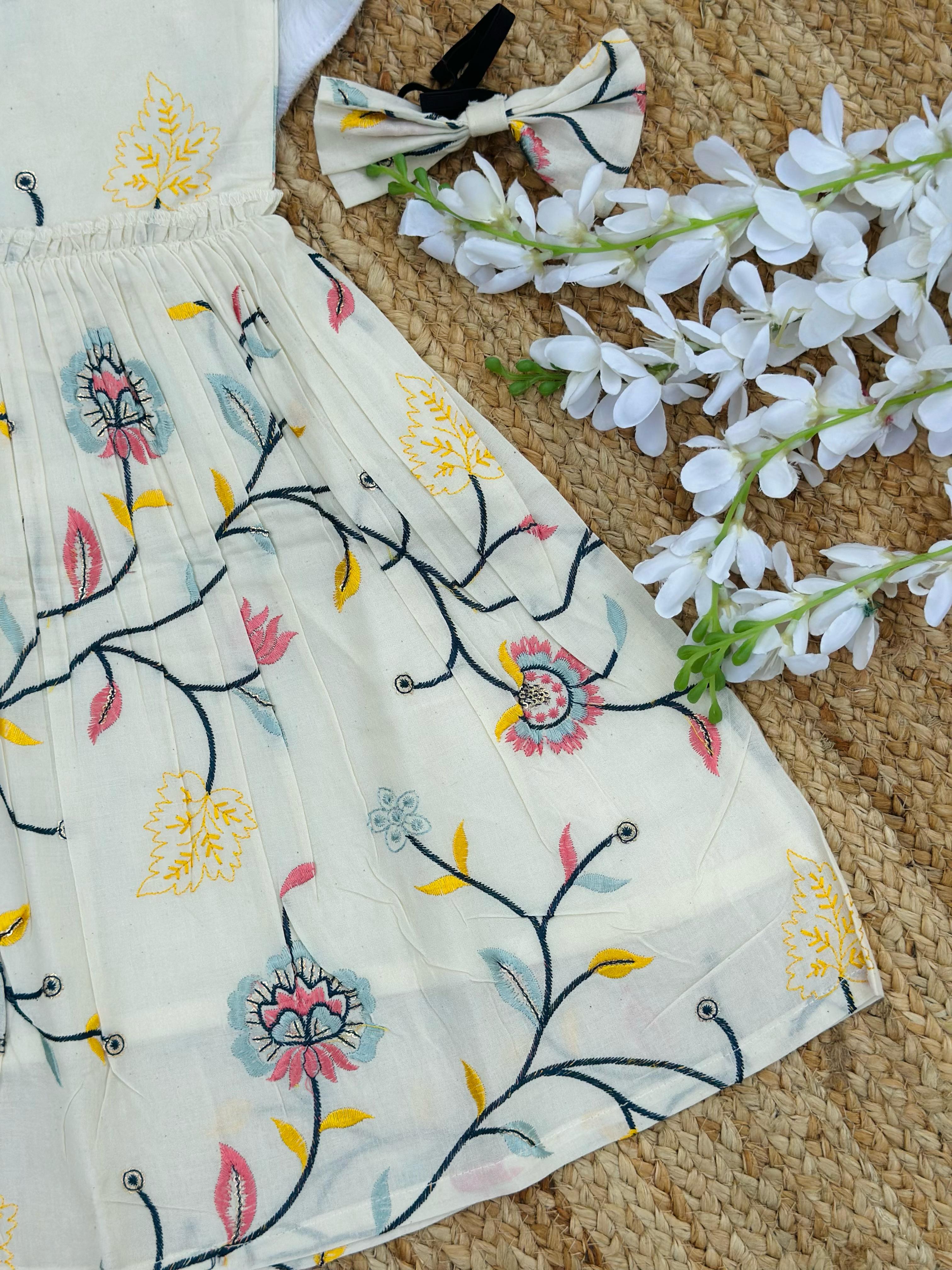 Exquisite Embroidery Work on Pure Khadi Cotton Fabric Kids Frock