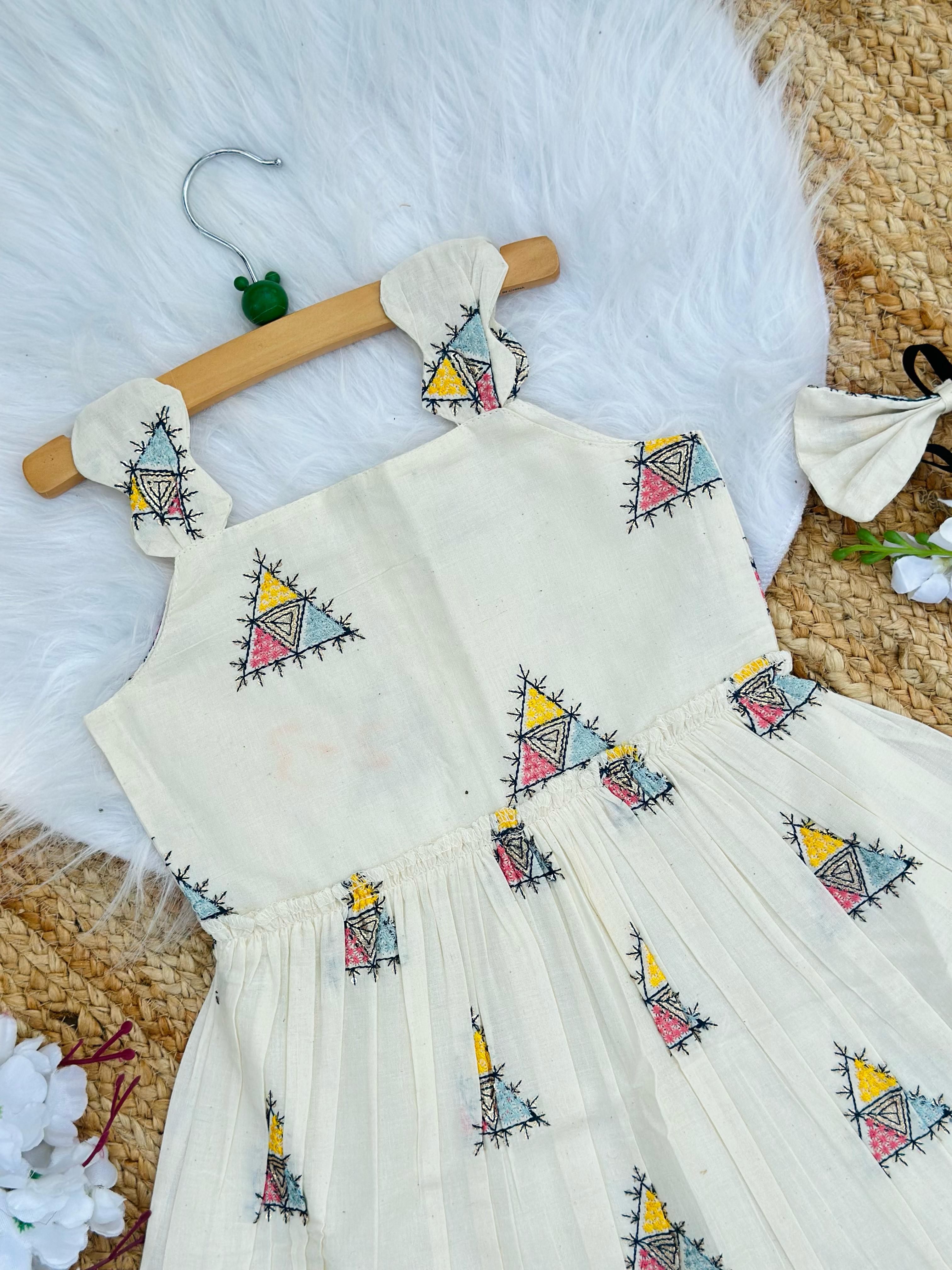 Venetian Embroidery Work on Khadi Cotton Fabric Kids Frock