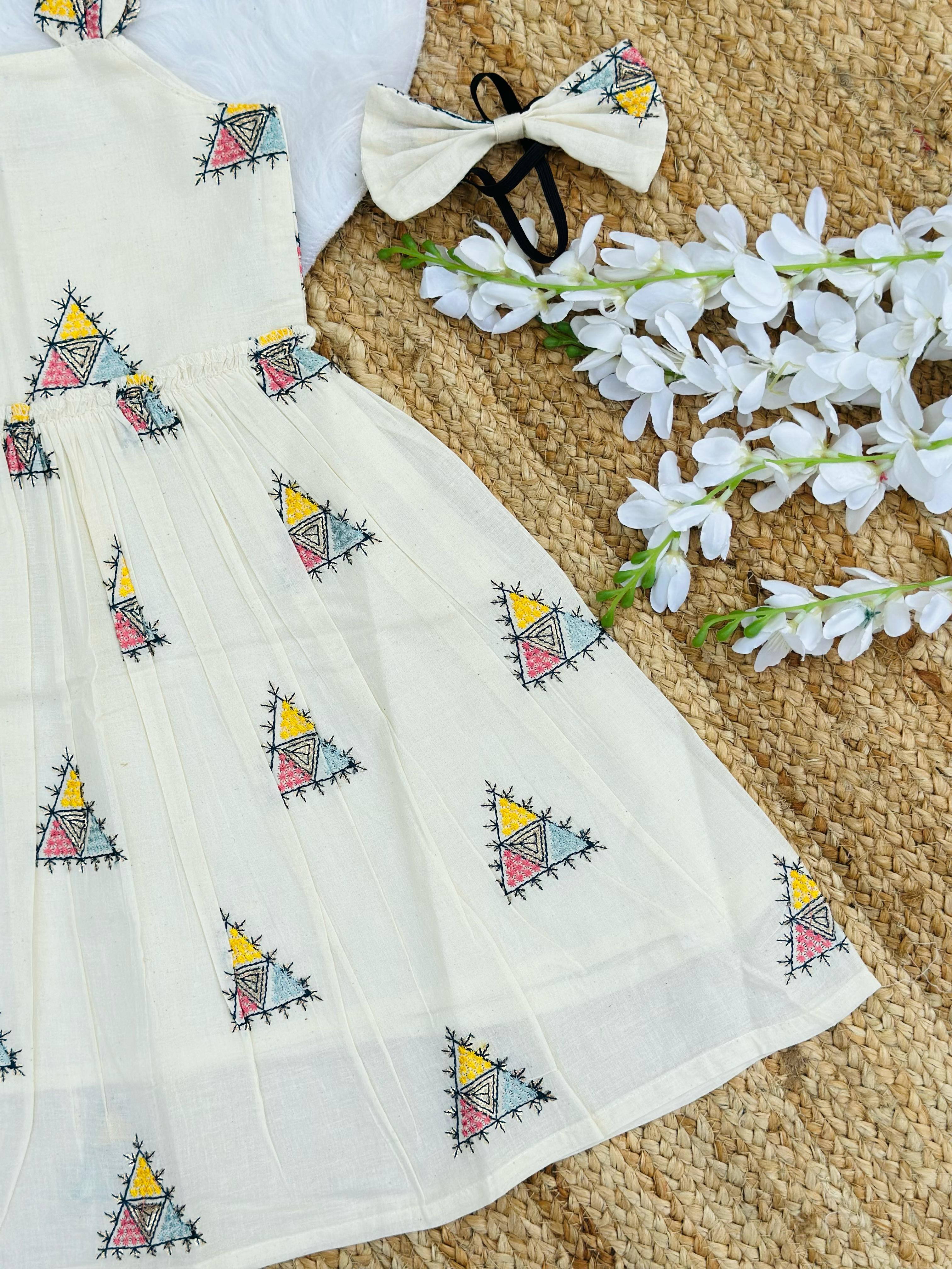 Venetian Embroidery Work on Khadi Cotton Fabric Kids Frock