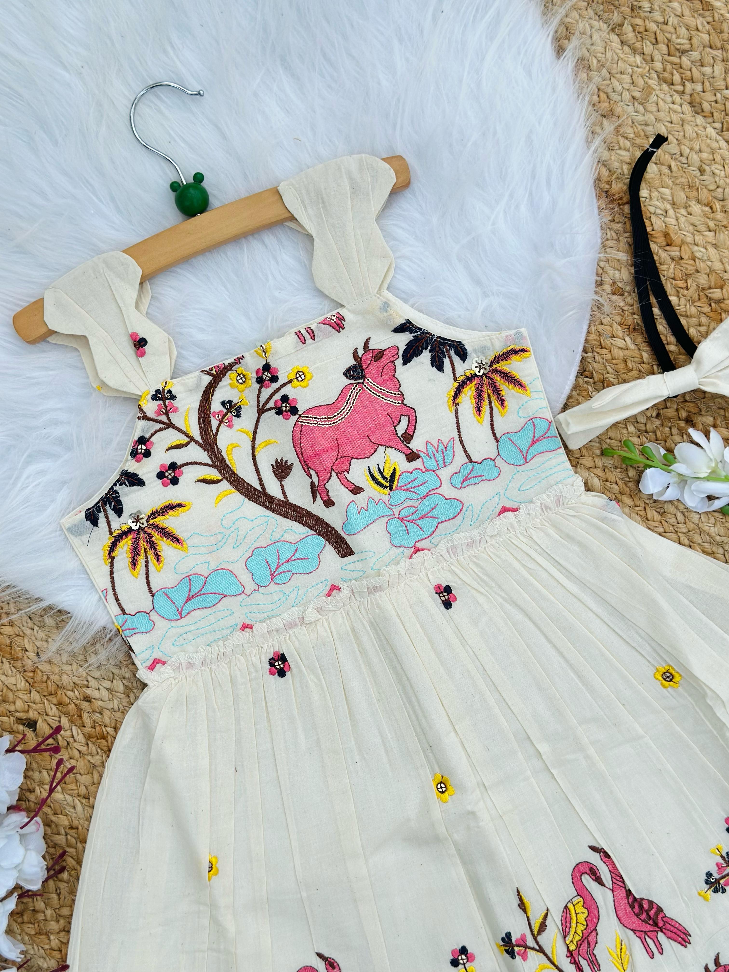 Vibrant Luxury Embroidery Work on Khadi Cotton Fabric Kids Frock