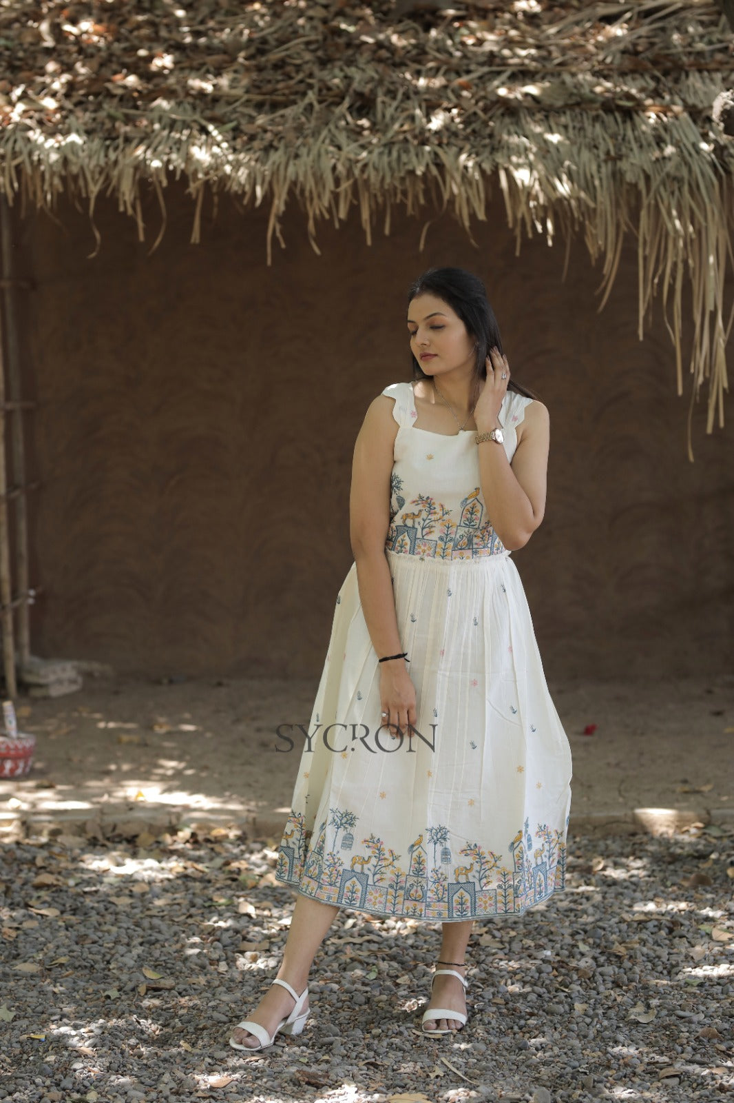 Byzantine  Pure Embroidery Work On Khadi Cotton Fabric maxi Frock