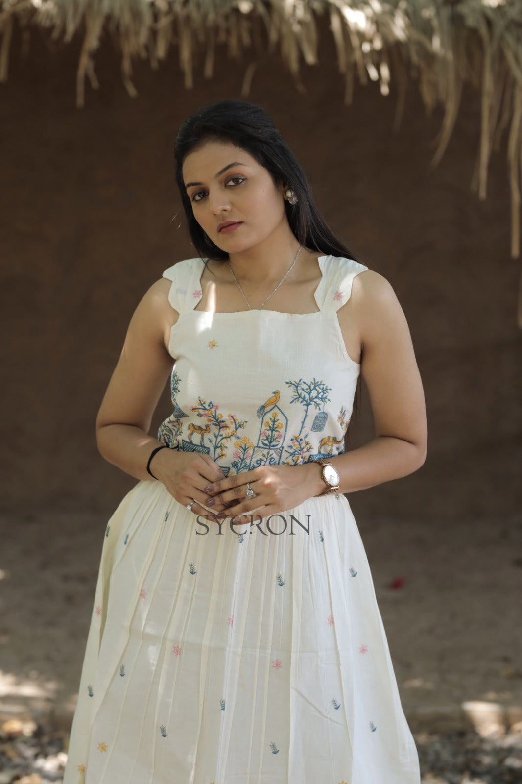 Byzantine  Pure Embroidery Work On Khadi Cotton Fabric maxi Frock