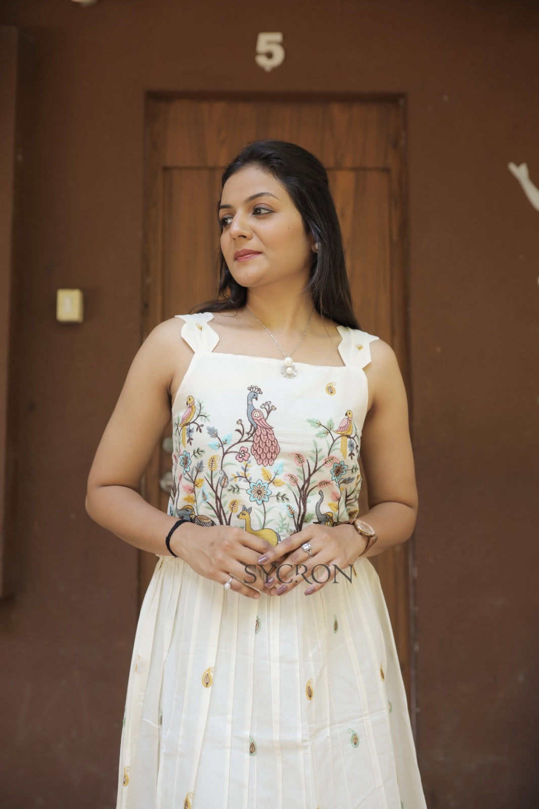 Flamingo Embroidery Work On Pure Khadi Cotton Fabric maxi Frock