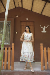 Flamingo Embroidery Work On Pure Khadi Cotton Fabric maxi Frock