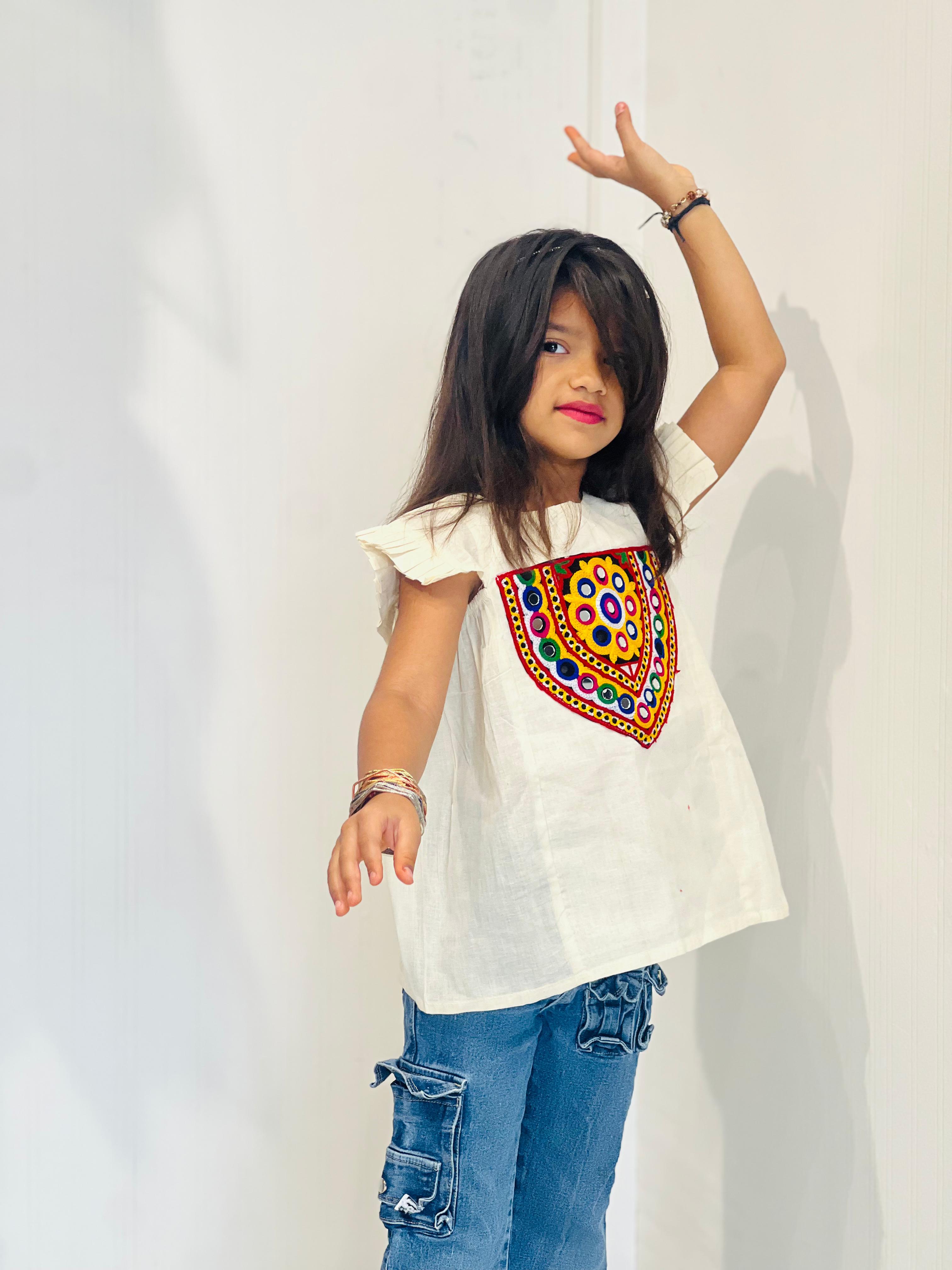 Navratri Special Ethinic Mirror Work Cotton Fabric Kids Top