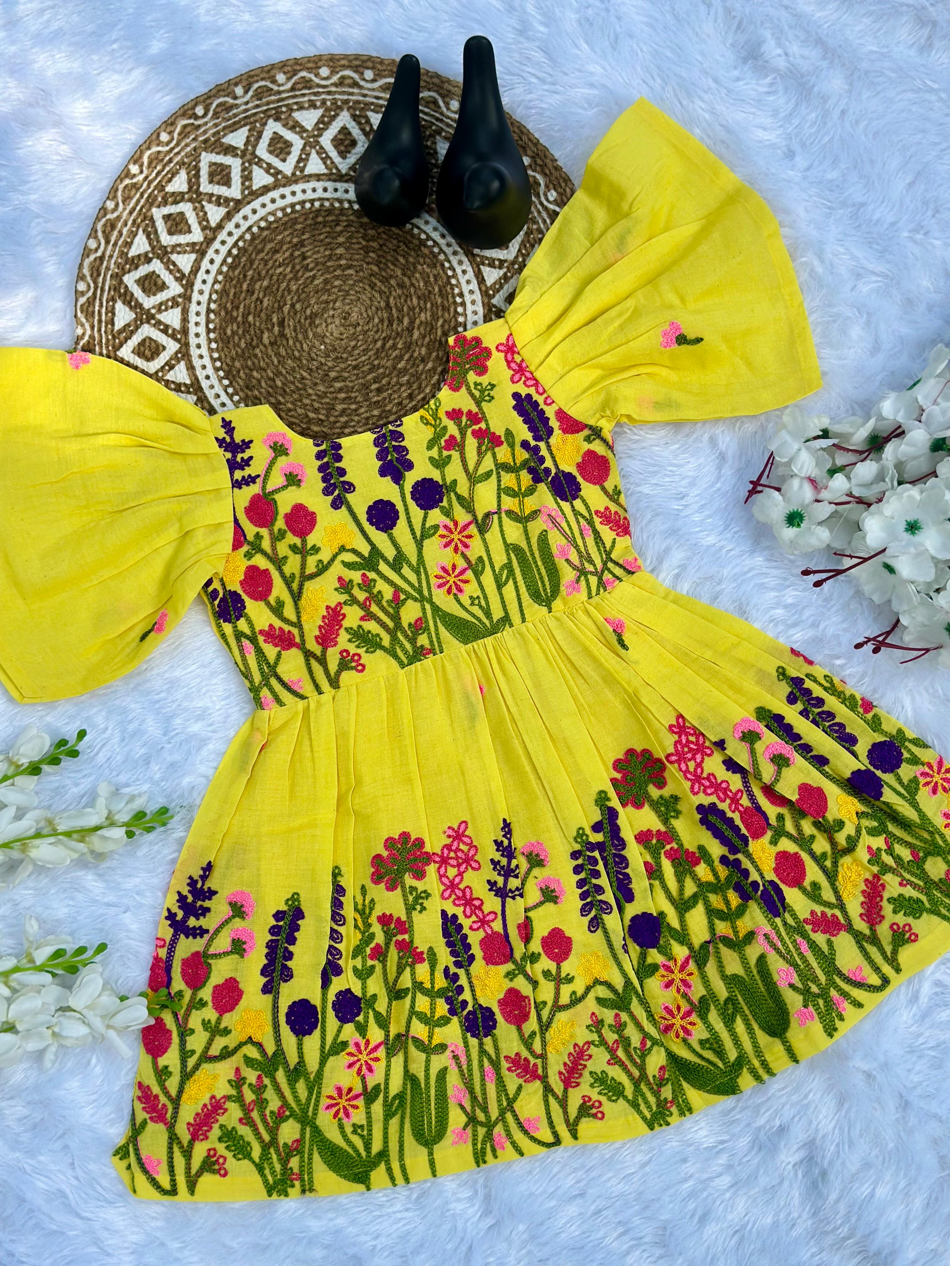Comfort Chain Work on Pure Khadi Cotton Fabric Kids Frock