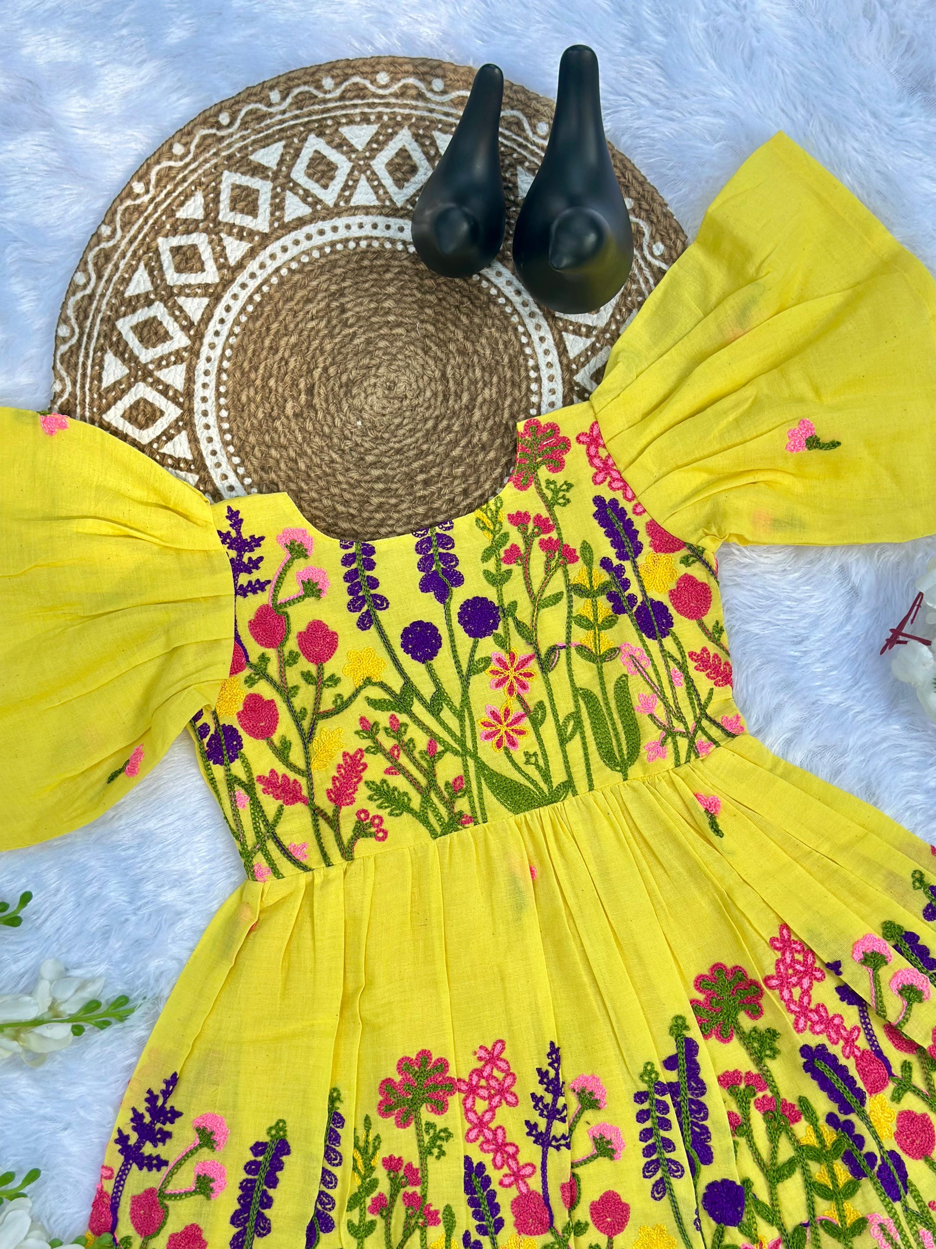 Comfort Chain Work on Pure Khadi Cotton Fabric Kids Frock