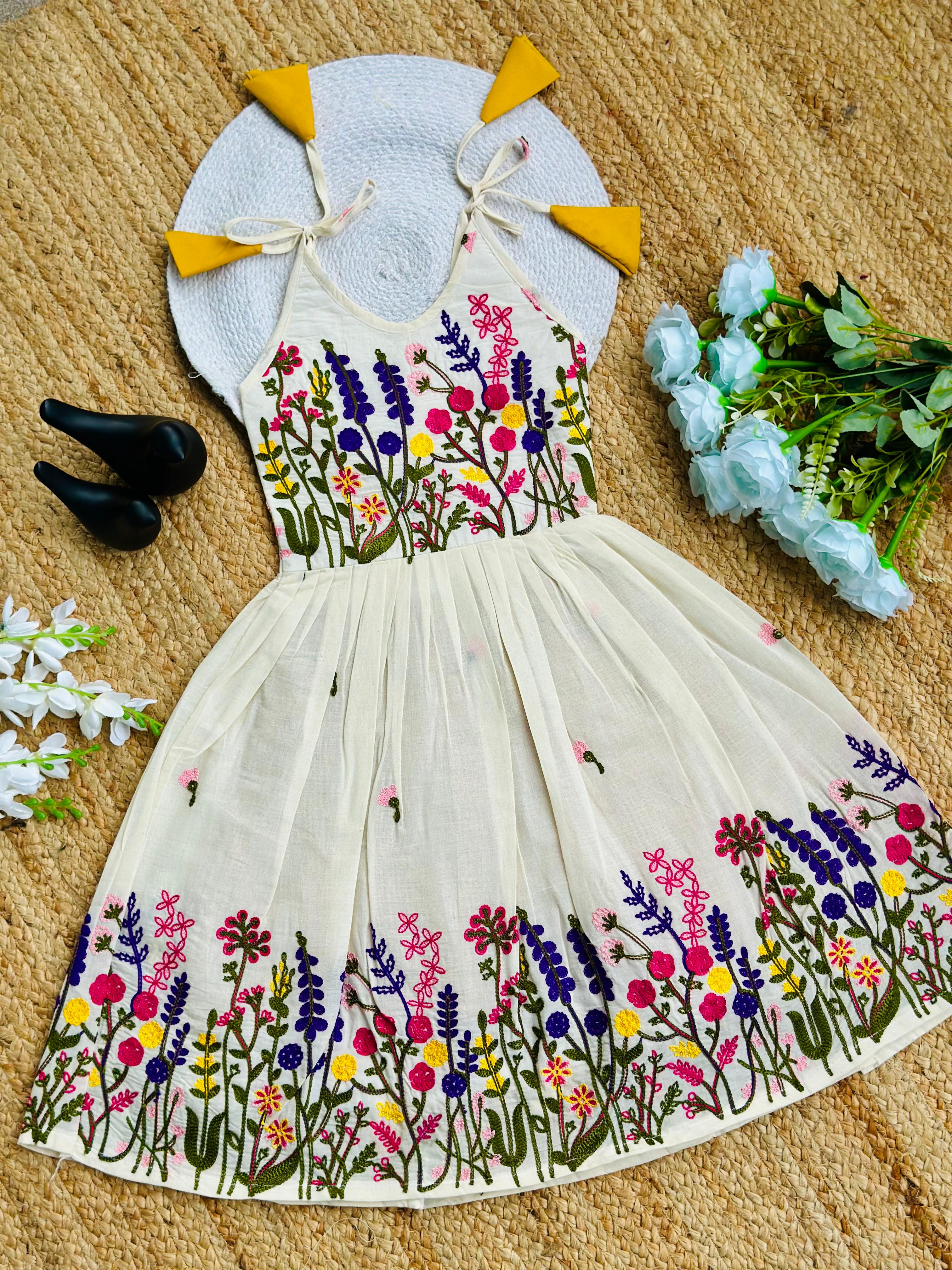Pure Cotton Embroidered Kids Frock – Multi-color Floral Embroidery Work