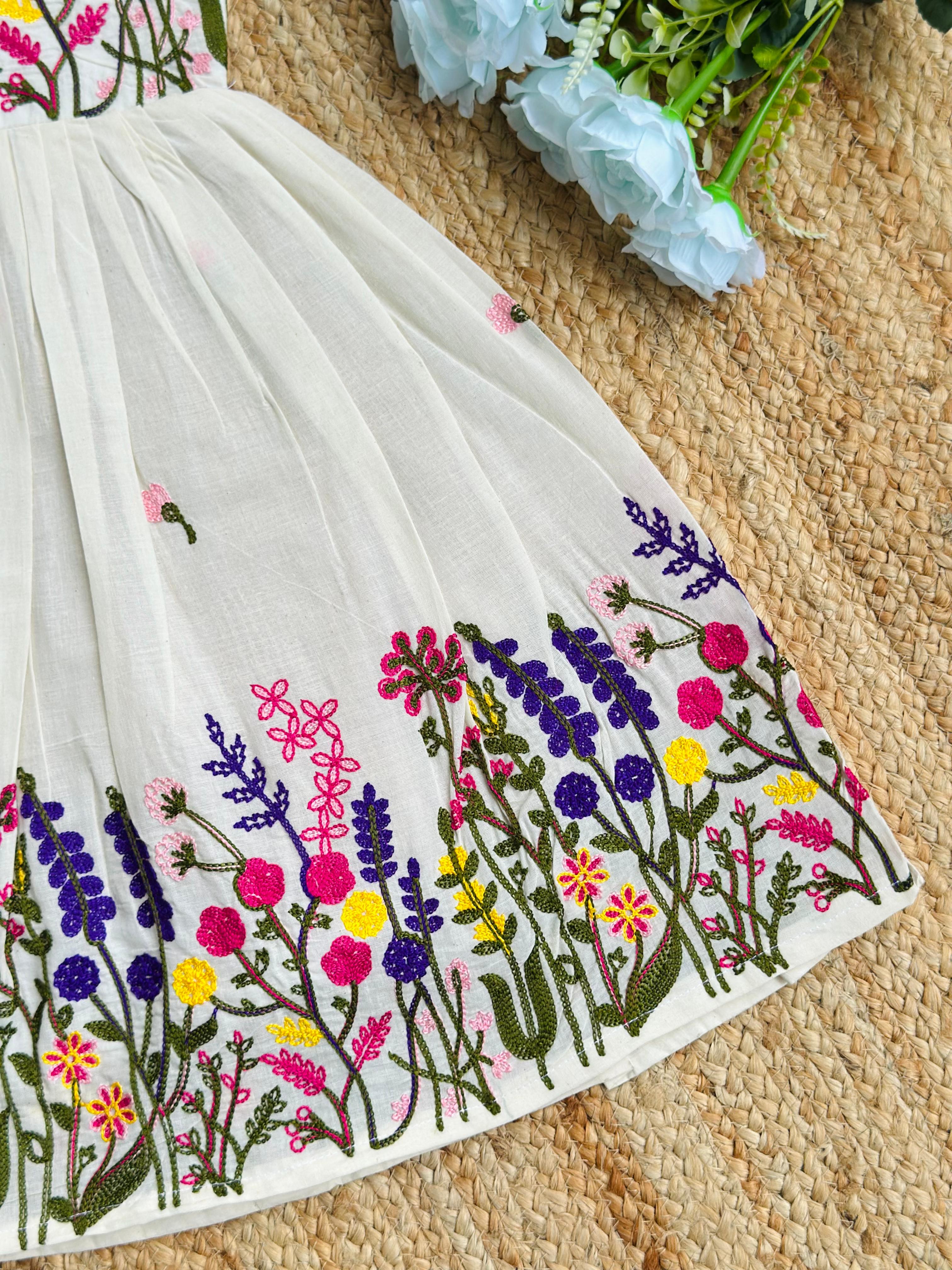 Pure Cotton Embroidered Kids Frock – Multi-color Floral Embroidery Work