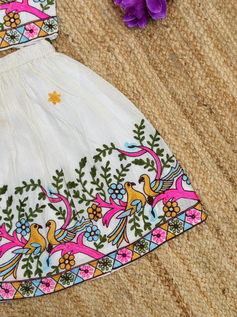 Beautiful Embroidered Kids Lehenga Choli Featuring Vibrant Bird And Floral Motifs