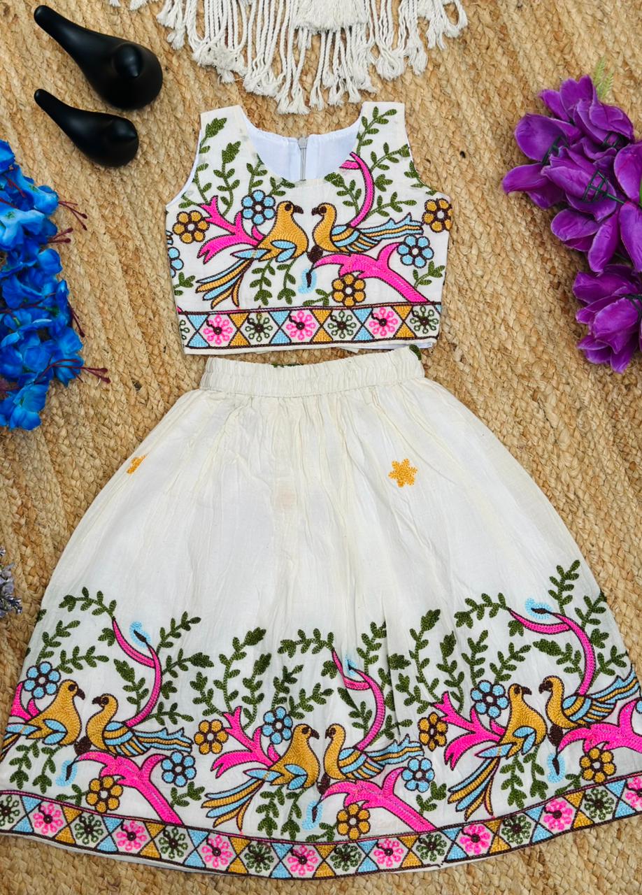 Beautiful Embroidered Kids Lehenga Choli Featuring Vibrant Bird And Floral Motifs