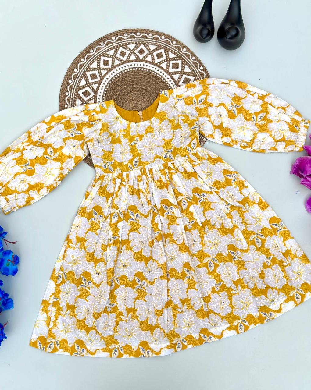 White & Mustard Bloom Print Kids Frock – Long Sleeve Casual Wear