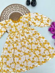 White & Mustard Bloom Print Kids Frock – Long Sleeve Casual Wear